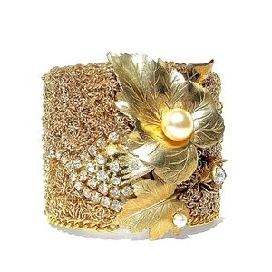 Cuff Bracelet Gold and Rhinestone Costume Jewelry